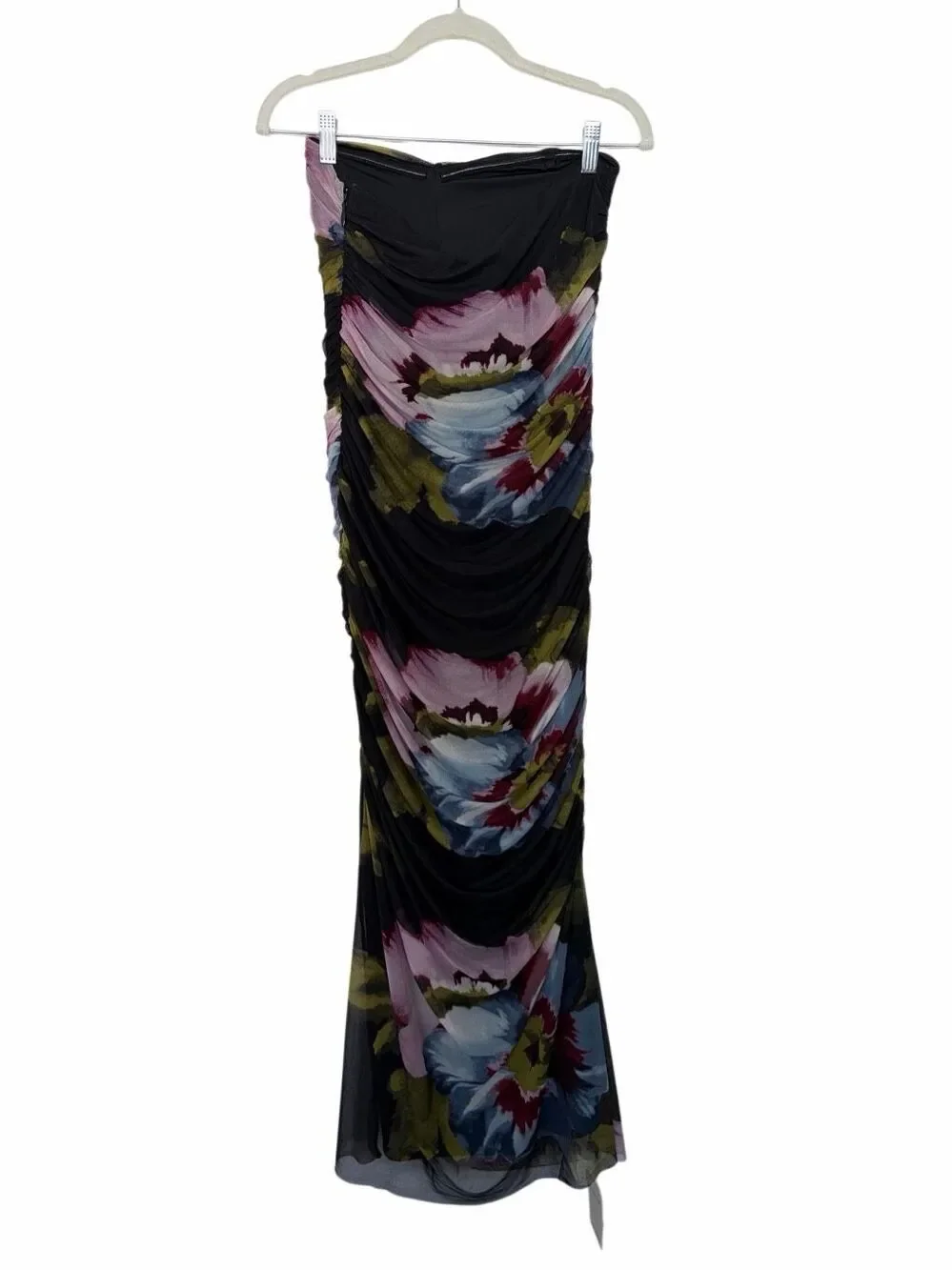 Abercrombie & Fitch Mesh Strapless Ruched Maxi Dress Black Floral Size M